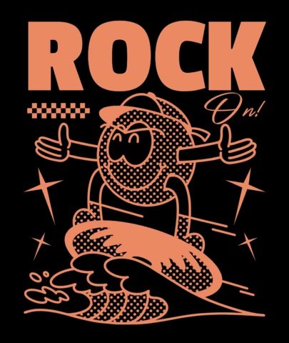 Rock on ! personnage de cartoon surfant sur des vagues modèle de design de t-shirt