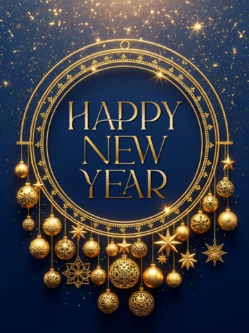 Elegant New Year Greeting Card Template with Gold Ornaments Design