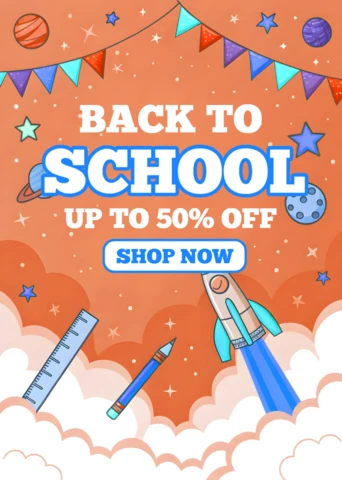 Back to School Design Template with Rocket and School Supplies for Promotional Flyer