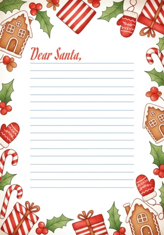 Santa Letter Template Festive Design with Gingerbread Houses, Candy Canes, Holly, and Stockings