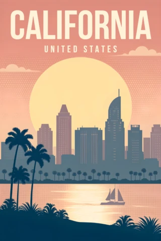 カリフォルニアの夕日都市景観デザインテンプレート旅行ポスター用