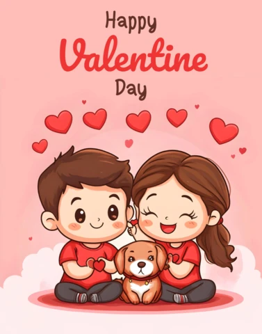 Happy Valentine Chibi Couple And Pup Illustration Design Template