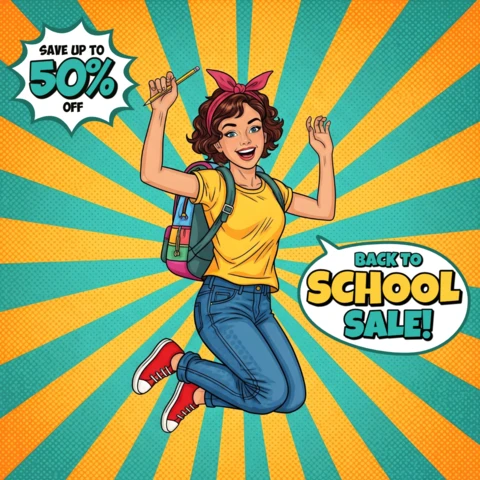 Back to School Sale Comic Style Student Jumping with Backpack & Discount Bubble Burst Banner Design Template for Promotional Flyers