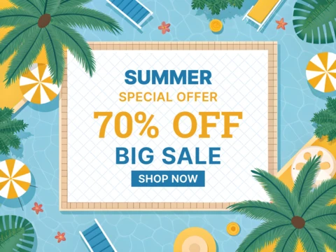 Summer Sale Promotional Template Design with Tropical Vibes and Swimming Pool Decor