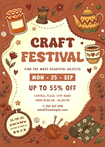 Rustic Craft Festival Event Flyer Template with Handmade Sewing Supplies, Embroidery and Cozy Artisan Market Design