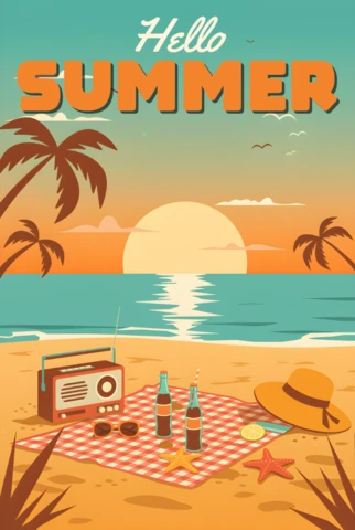 Summer Beach Party Design Template with Retro Elements for Posters