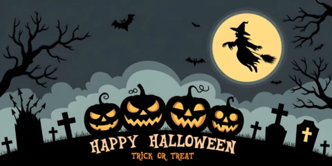 Straszna noc Halloween, nawiedzony cmentarz, powykręcane drzewa i szablon projektu okładki na Facebooka "cukierek albo psikus"