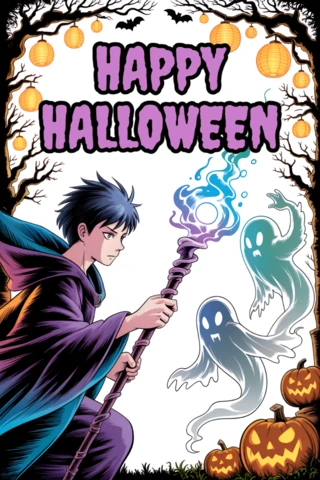 Template de design de anime de Halloween assustador com fantasmas e mago para convites de festa