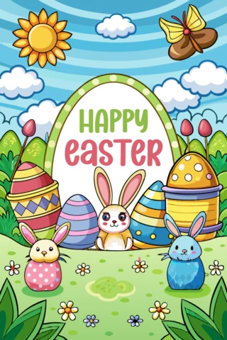 Caprichosa plantilla de diseño de Pascua con simpáticos conejitos y huevos de colores