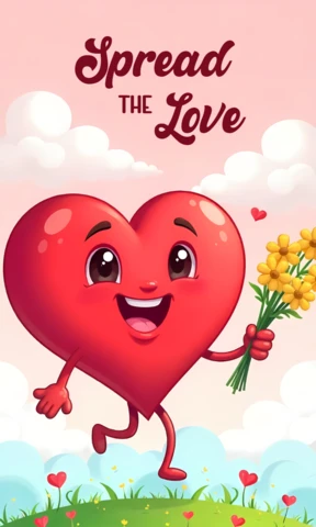 Modèle de carte de la Saint-Valentin : joli personnage animé en forme de cœur qui répand l'amour