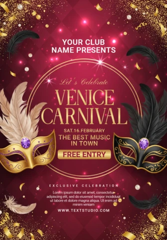 Venice Carnival Party Poster Dual Masquerade Masks with Feathers and Gemstones On Red Sparkling Background