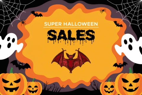 Spooky Halloween Sales Design Template with Bats and Pumpkins for Flyers