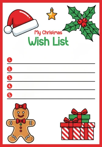 Holiday Wish List Template Christmas Stationery with Holly, Star Ornament, and Gingerbread Character