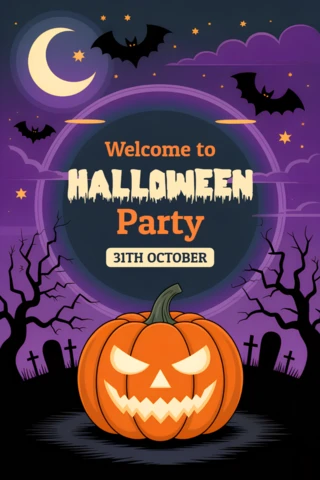 Spooky Halloween Party Invitation Template with Pumpkin and Bats Design