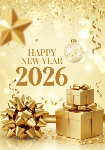 Szczęśliwego nowego roku 2026, kartka z pozłacanym motywem z gwiazdami, ozdobami i pudełkami na prezenty na świecącym tle