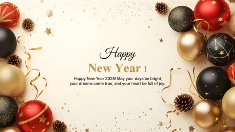 Ornements festifs et pommes de pin modèle de carte 2025 de bonne année