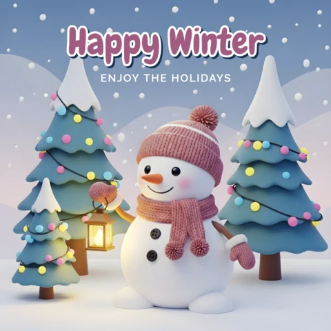 Winter Wonderland Design Template for Holiday Greeting Cards Featuring Snowman and Christmas Trees