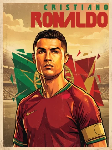 Affiche vintage Cristiano Ronaldo capitaine du Portugal – œuvre d'art rétro de football avec les couleurs nationales, les supporters du stade et une décoration murale nostalgique