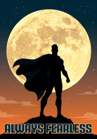 Siempre valiente silueta de superhéroe iluminada por la luna con diseño de cartel de cielo dramático.