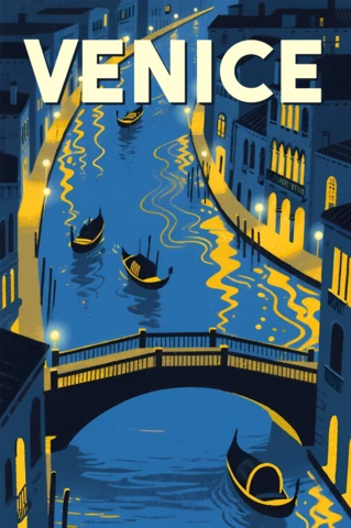 Venice Gondolas By Night Retro Flat Illustration for Travel Posters Template