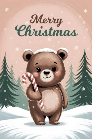 クリスマスカードデザイン、キャンディケインと木々を持つお祝いのクマが雪の結晶と柔らかい色合いで囲まれています。