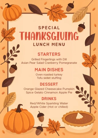 Thanksgiving Menu Design Template with Pumpkins and Autumn Leaves for Festive Events