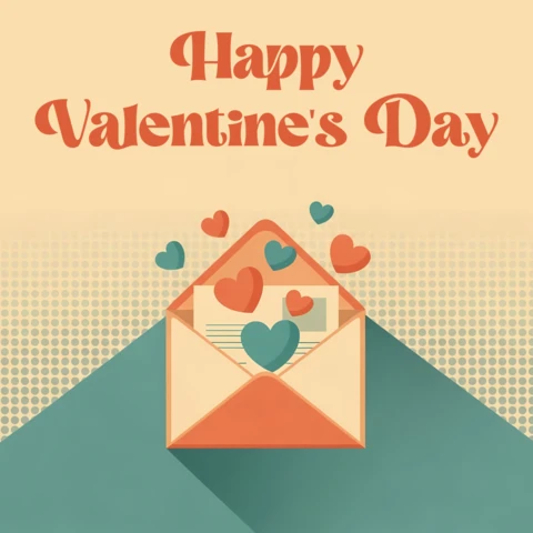 Plantilla de diseño de tarjeta de felicitación del Día de San Valentín con sobre retro y gráficos de corazones.