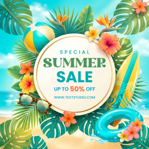 Bannière de réduction pour la vente d'été avec feuilles tropicales, planche de surf et éléments de plage