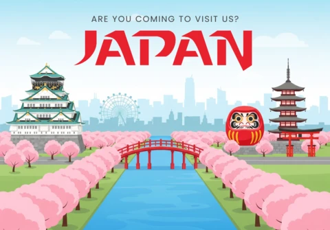 Explora Japón cartel flores de cerezo, puente rojo, castillo, pagoda y horizonte de la ciudad en una vista escénica de primavera.
