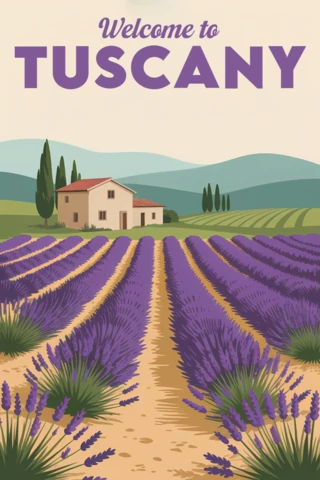 Vintage Tuscany Lavender Field Illustration for Retro Flat Printable Souvenir Tempalte