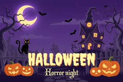 Spooky Halloween Design Template for Posters Featuring Haunted House and Pumpkins