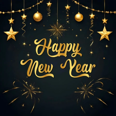 Modèle de carte de vœux de bonne année avec étoiles dorées et feux d'artifice