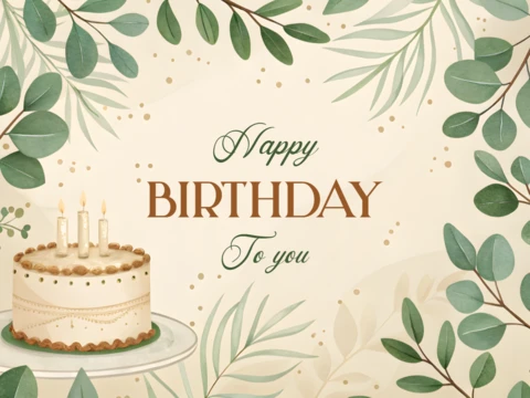 Elegant Floral Birthday Card Template Design with Cake and Greenery