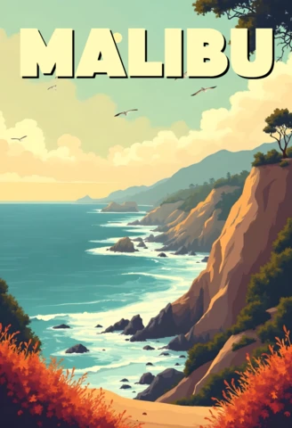 Malibu Coastal Landscape Design for Retro Flat Travel Posters