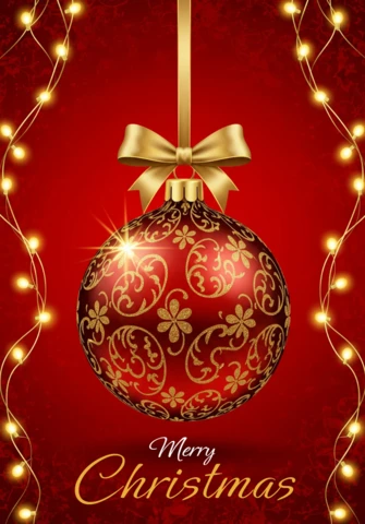 Pôster de Natal feliz com ornamento dourado e luzes, decoração festiva para o lar.