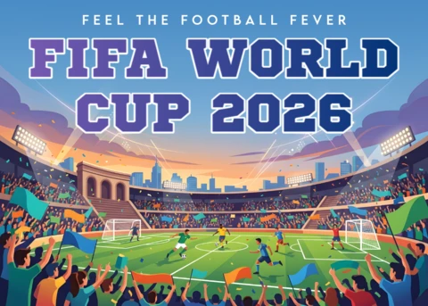 FIFA World Cup 2026 Poster Design with Football Stadium and Fan Celebration Scene