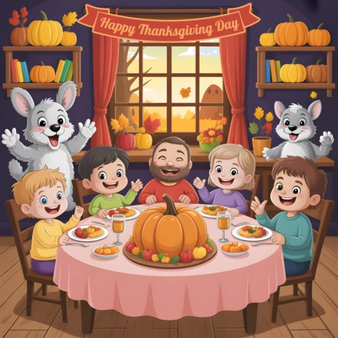 Cartoon crianças e coelhos compartilhando um banquete com centro de mesa de abóbora e vista de outono em um cartão de Dia de Ação de Graças, design de banner.