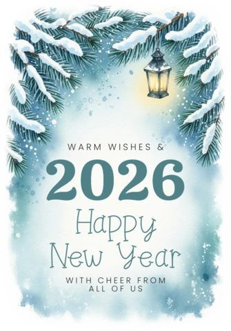 Cartão de feliz ano novo em aquarela 2026 com celebração de luz de lanterna e acentos de pinheiro cobertos de neve