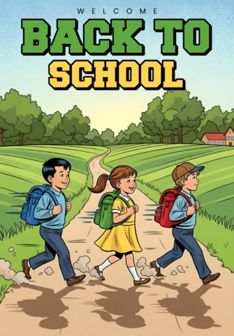 Bem-vindos de volta à escola, crianças caminhando por um caminho de terra em direção ao prédio escolar de telhado vermelho, modelo de design de cartaz.