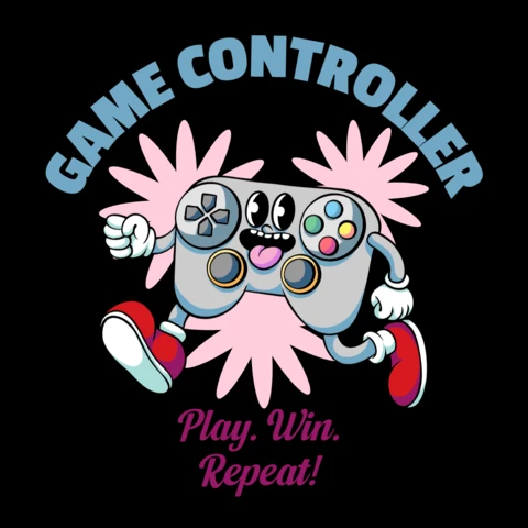 Play, Win, Repeat! Energetic Game Controller Character T-Shirt Design Template