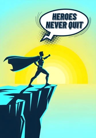 Helden geben niemals auf, Silhouette eines Superhelden am Klippenrand mit Sonnenstrahlen-Hintergrund, Poster-Design-Vorlage.