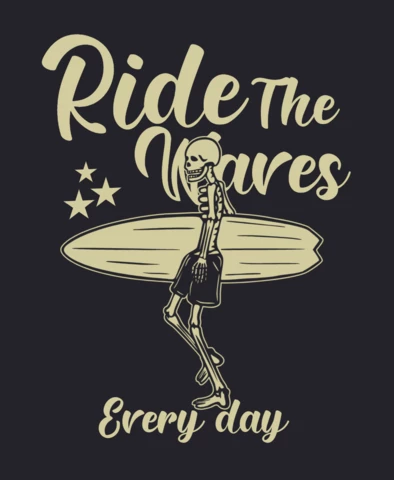 Squelette portant un modèle de conception de t-shirt vintage de planche de surf