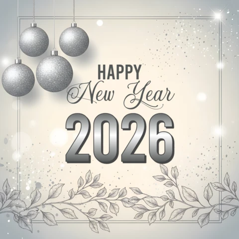 Elegant New Year 2026 Greeting Card Template with Silver Ornaments Design