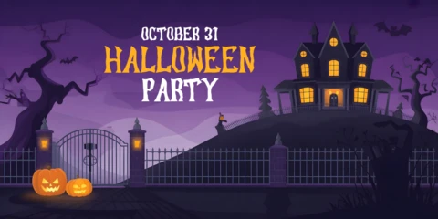 Notte di Halloween spettrale alberi contorti, finestre luminose e sentiero inquietante modello di copertura per Facebook