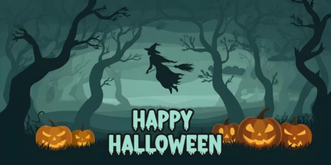 Halloween Night Witch in Flight, Glowing Pumpkins & Stylized Greeting Facebook Cover Design Template