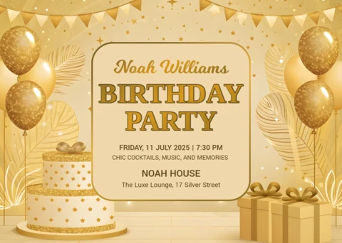 Elegant Gold and White Birthday Party Invitation Template Design