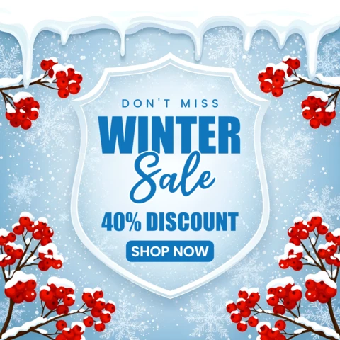 Wintersale-Designvorlage mit Schneeflocken und Beeren für Werbeplakate