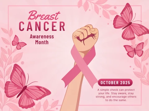 Breast Cancer Awareness Month Template with Pink Ribbon and Butterflies Design for Posters