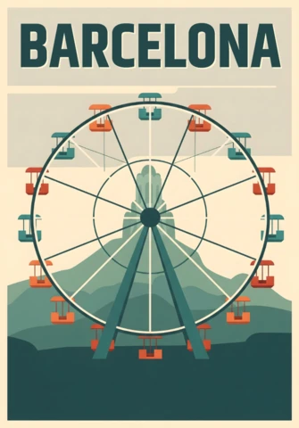 Barcelona Ferris Wheel Vintage Style with Mountain Backdrop Travel Posters Design Template