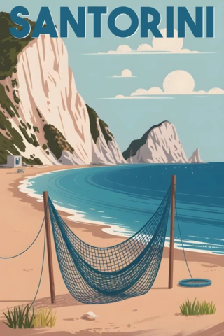 Plage avec filet de pêche et falaises blanches à Santorin pour le design de posters de voyage rétro.